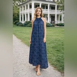 Hill House Giselle Dress in Charm Scallop Halter Navy Blue Floral Boho size XS